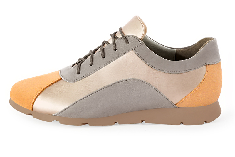 Marigold orange, gold and pebble grey women's three-tone elegant sneakers. Round toe. Flat rubber soles. Profile view - Florence KOOIJMAN